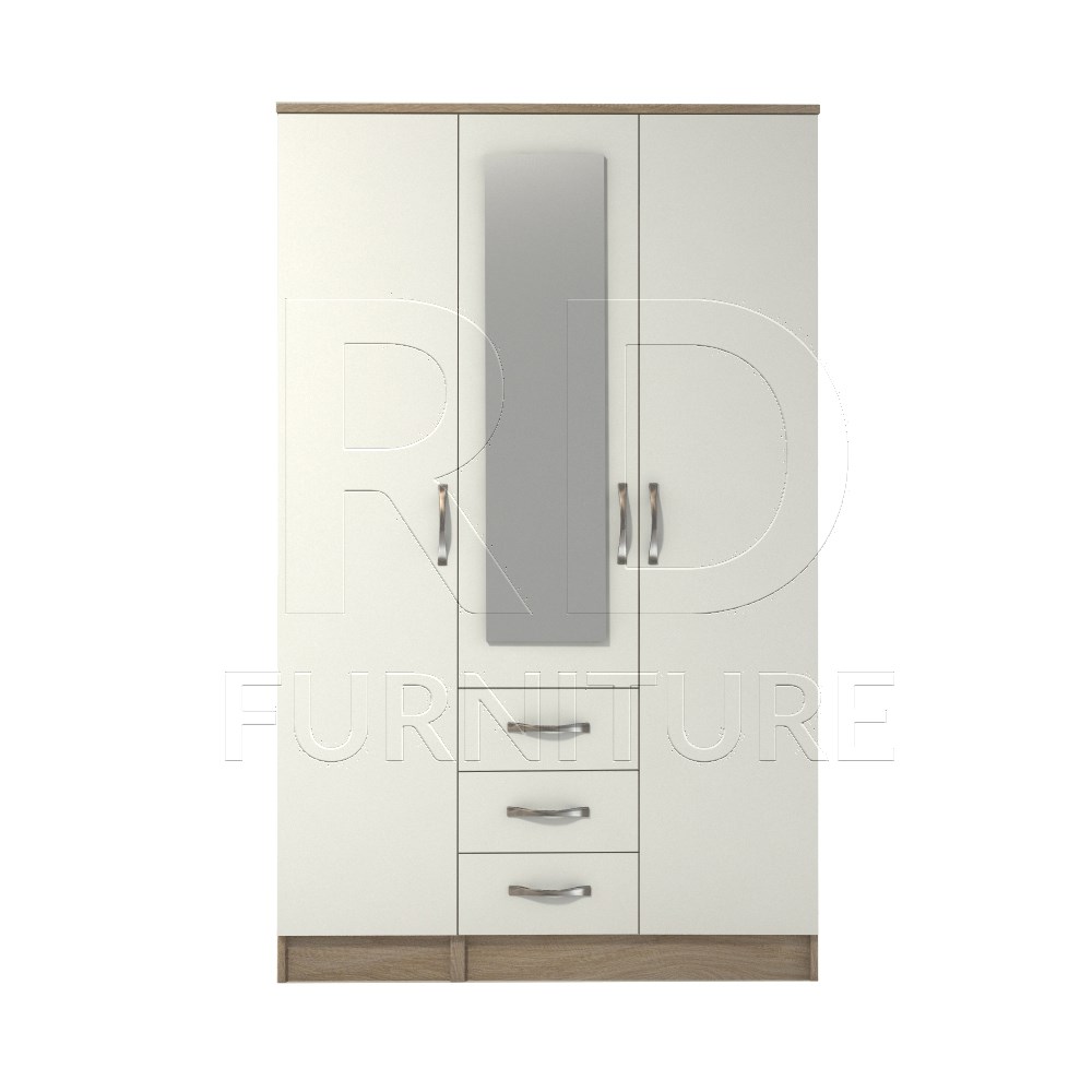 Classic 3 Door 3 Drawer Combi Mirrored Wardrobe Oak And White