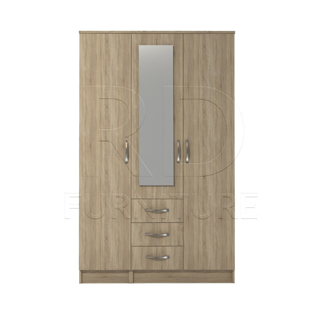 Ready assembled Classic 3 Door 3 Drawer Combi Mirrored Wardrobe Oak