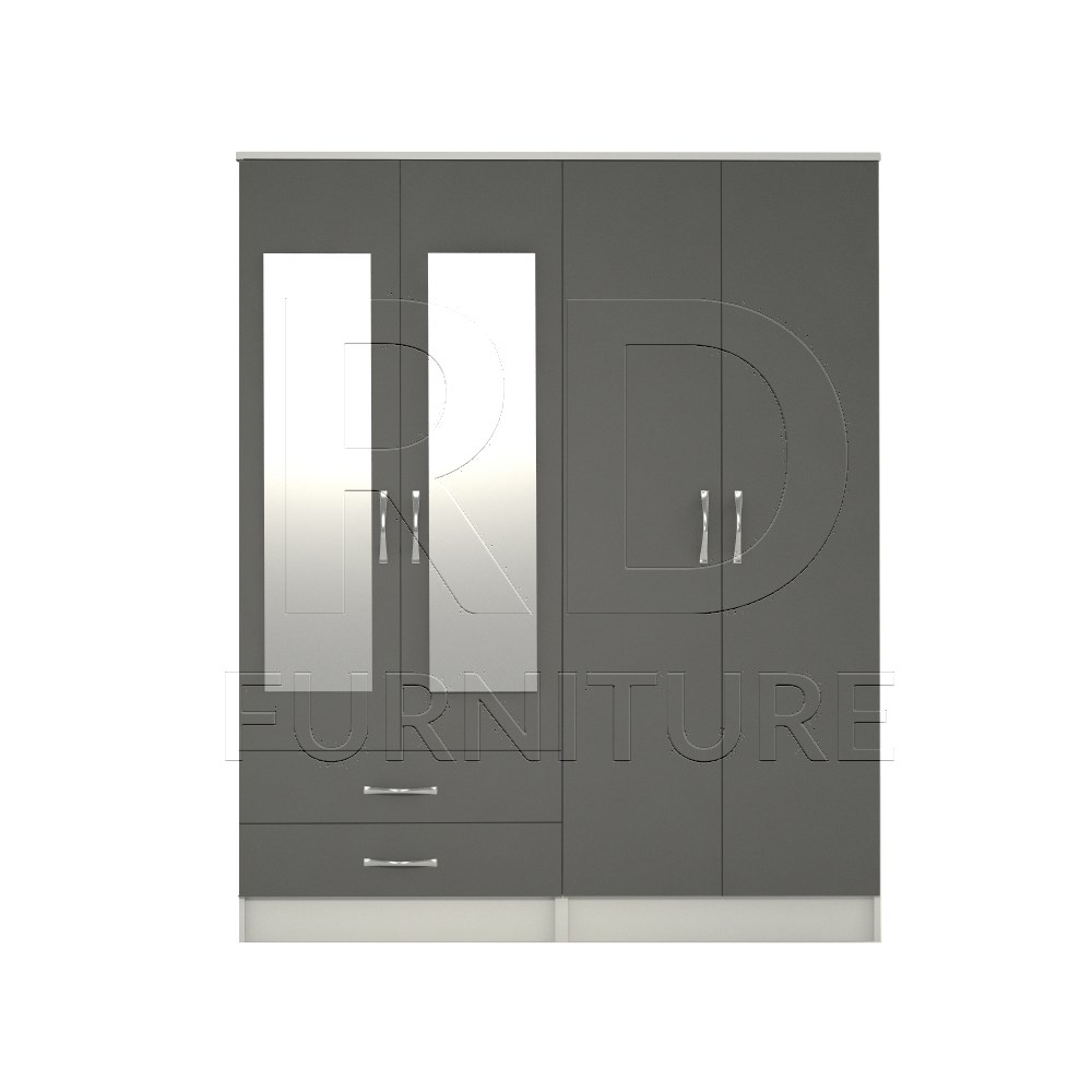 Classic 4 Door 2 Drawer Mirrored Wardrobe White And Grey