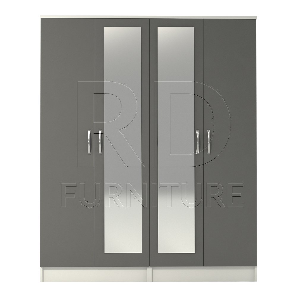 Classic 4 Door Double Mirrored Wardrobe White And Grey