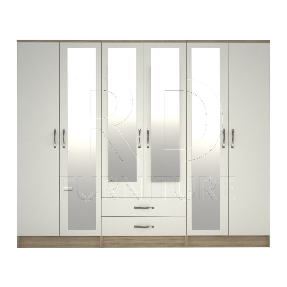 Classic 6 Door 4 Mirror Wardrobe Oak And White