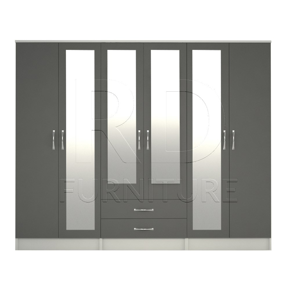 Classic 6 Door 4 Mirror Wardrobe White And Grey