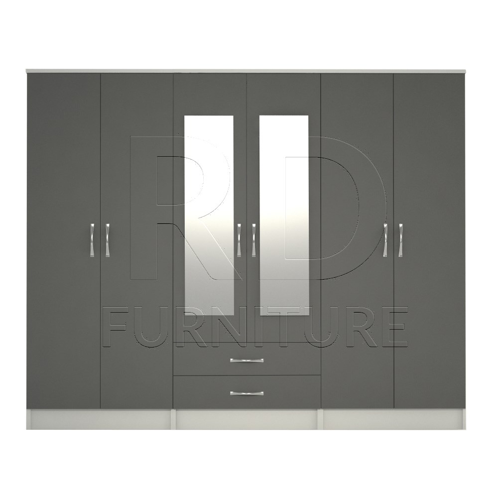Classic 6 Door Mirrored Wardrobe White And Grey
