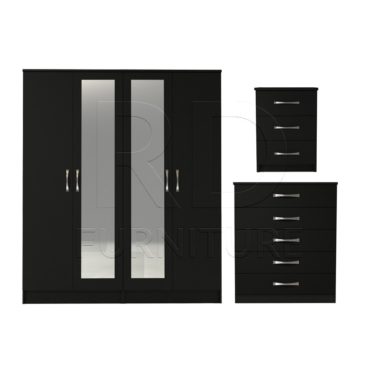 3 Pcs Classic 4 Door Double Mirrored Wardrobe, Chest And Bedside Set Black