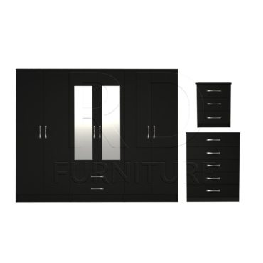 3 Pcs Classic 6 door 2 Drawer Mirrored Wardrobe, Chest And Bedside Set Black