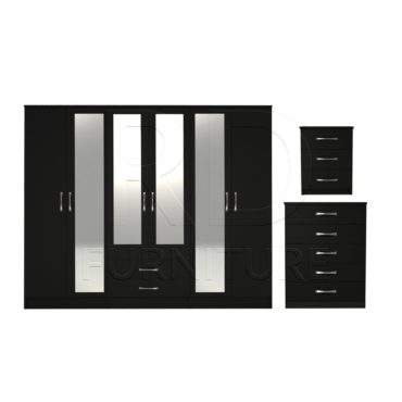 3 Pcs Classic 6 Door 2 Drawer 4 Mirror Wardrobe, Chest And Bedside Set Black