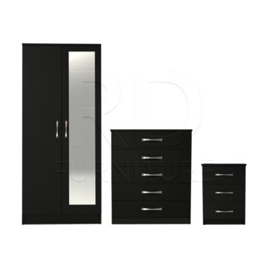 3 Pcs Classic 2 Door Mirrored Wardrobe, chest And Bedside Set Black