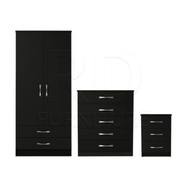 3 Pcs Classic 2 Door 2 Drawer Wardrobe, Chest and Bedside Set Black