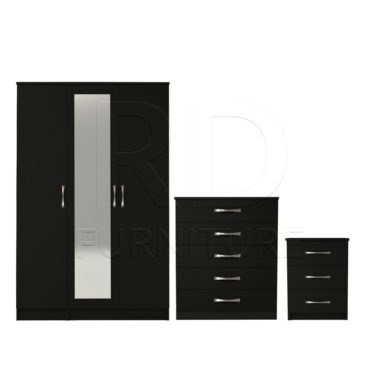 3 Pcs Classic 3 Door Mirrored Wardrobe, Chest And Bedside Set Black