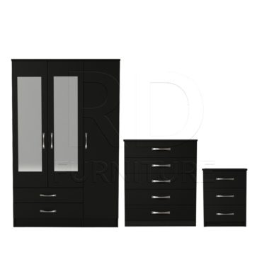 3 Pcs Classic 3 Door 2 Drawer Mirrored Wardrobe, Chest And Bedside Set Black