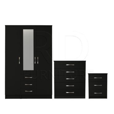 3 Pcs Classic 3 Door 3 Drawer Combi Mirrored Wardrobe, Chest And Bedside Set Black