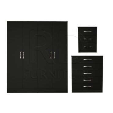 3 Pcs Classic 4 Door Wardrobe, Chest and Bedside set Black