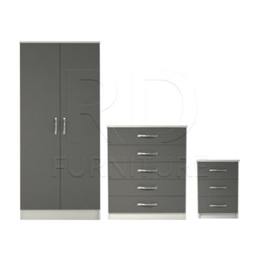 3 Pcs Classic 2 Door Wardrobe, Chest And Bedside Set White And Grey