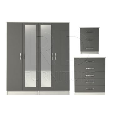 3 Pcs Classic 4 Door Double Mirrored Wardrobe, Chest And Bedside Set White And Grey