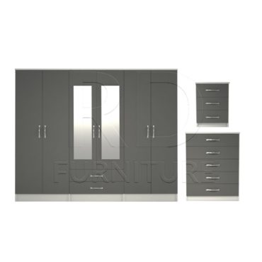 3 Pcs Classic 6 door 2 Drawer Mirrored Wardrobe, Chest And Bedside Set White And Grey