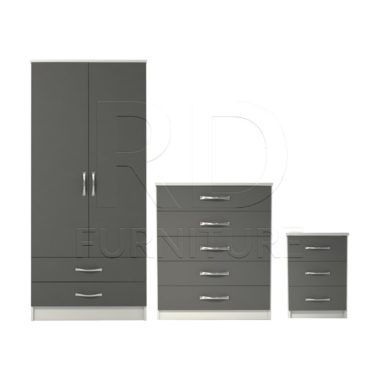 3 Pcs Classic 2 Door 2 Drawer Wardrobe, Chest and Bedside Set White And Grey