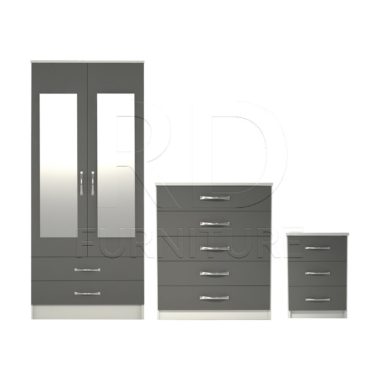 3 Pcs Classic 2 Door 2 Drawer Mirrored Wardrobe, Chest And Bedside Set White And Grey