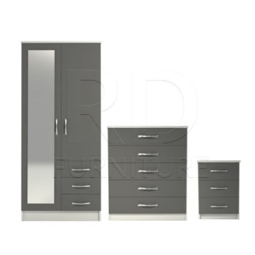 3 Pcs Classic 2 Door Mirrored Combi Wardrobe, Chest And Bedside Set White And Grey