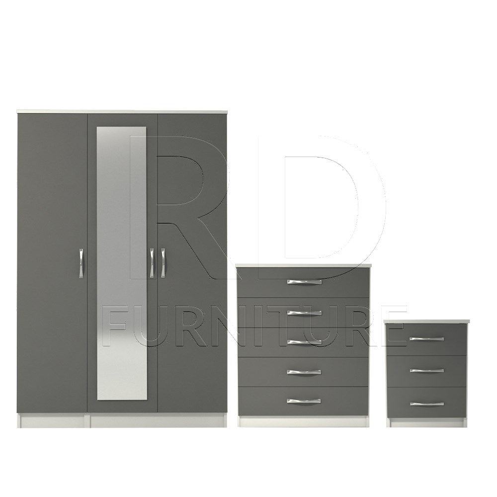 3 Pcs Classic 3 Door Mirrored Wardrobe, Chest And Bedside Set White And Grey