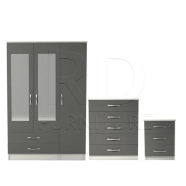 3 Pcs Classic 3 Door 2 Drawer Mirrored Wardrobe, Chest And Bedside Set White And Grey