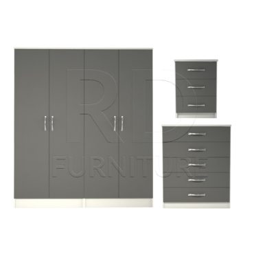 3 Pcs Classic 4 Door Wardrobe, Chest and Bedside set White And Grey