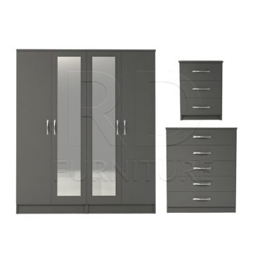 3 Pcs Classic 4 Door Double Mirrored Wardrobe, Chest And Bedside Set Grey