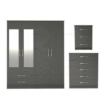 3 Pcs Classic 4 Door 2 Drawer Mirrored Wardrobe, Chest And Bedside Set Grey