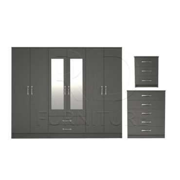 3 Pcs Classic 6 door 2 Drawer Mirrored Wardrobe, Chest And Bedside Set Grey