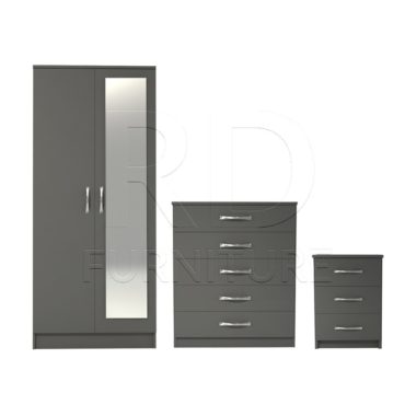 3 Pcs Classic 2 Door Mirrored Wardrobe, chest And Bedside Set Grey