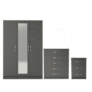 3 Pcs Classic 3 Door Mirrored Wardrobe, Chest And Bedside Set Grey