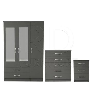 3 Pcs Classic 3 Door 2 Drawer Mirrored Wardrobe, Chest And Bedside Set Grey