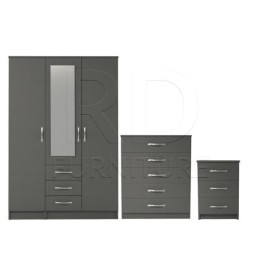 3 Pcs Classic 3 Door 3 Drawer Combi Mirrored Wardrobe, Chest And Bedside Set Grey