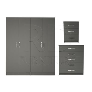 3 Pcs Classic 4 Door Wardrobe, Chest and Bedside set Grey