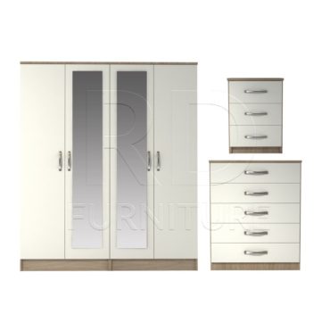 3 Pcs Classic 4 Door Double Mirrored Wardrobe, Chest And Bedside Set Oak And White