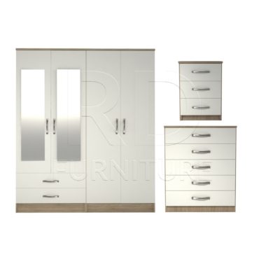 3 Pcs Classic 4 Door 2 Drawer Mirrored Wardrobe, Chest And Bedside Set Oak And White