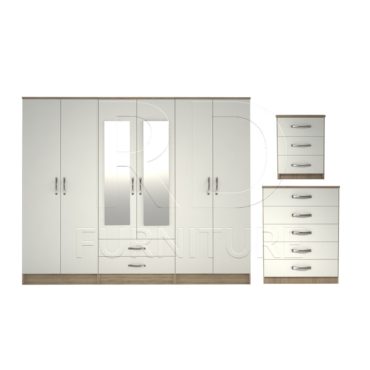 3 Pcs Classic 6 door 2 Drawer Mirrored Wardrobe, Chest And Bedside Set Oak And White