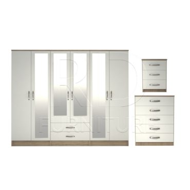 3 Pcs Classic 6 Door 2 Drawer 4 Mirror Wardrobe, Chest And Bedside Set Oak And White