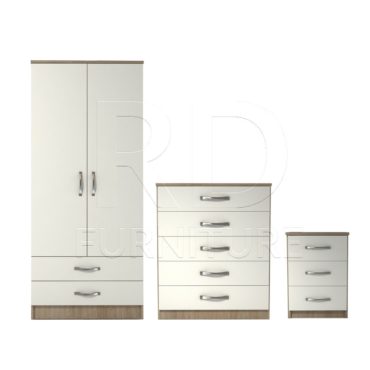 3 Pcs Classic 2 Door 2 Drawer Wardrobe, Chest and Bedside Set Oak And White