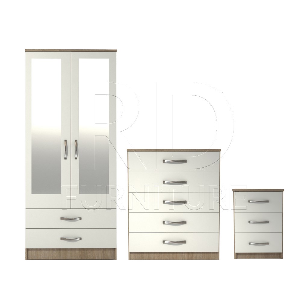 3 Pcs Classic 2 Door 2 Drawer Mirrored Wardrobe, Chest And Bedside Set Oak And White