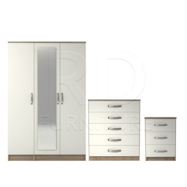 3 Pcs Classic 3 Door Mirrored Wardrobe, Chest And Bedside Set Oak And White