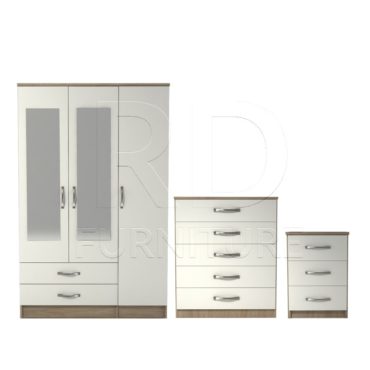 3 Pcs Classic 3 Door 2 Drawer Mirrored Wardrobe, Chest And Bedside Set Oak And White