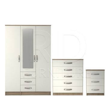 3 Pcs Classic 3 Door 3 Drawer Combi Mirrored Wardrobe, Chest And Bedside Set Oak And White