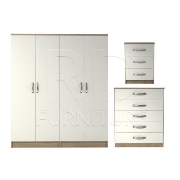 3 Pcs Classic 4 Door Wardrobe, Chest and Bedside set Oak And White