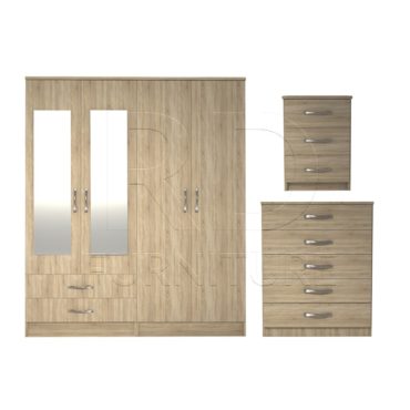 3 Pcs Classic 4 Door 2 Drawer Mirrored Wardrobe, Chest And Bedside Set Oak