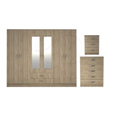 3 Pcs Classic 6 door 2 Drawer Mirrored Wardrobe, Chest And Bedside Set Oak