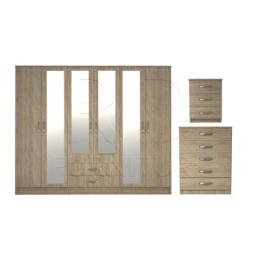 3 Pcs Classic 6 Door 2 Drawer 4 Mirror Wardrobe, Chest And Bedside Set Oak