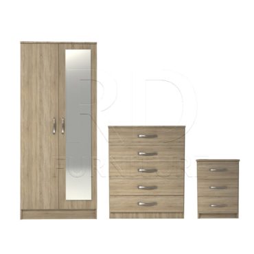 3 Pcs Classic 2 Door Mirrored Wardrobe, chest And Bedside Set Oak