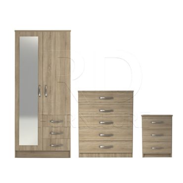 3 Pcs Classic 2 Door Mirrored Combi Wardrobe, Chest And Bedside Set Oak