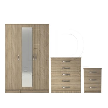 3 Pcs Classic 3 Door Mirrored Wardrobe, Chest And Bedside Set Oak