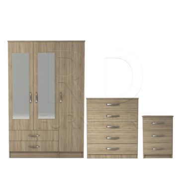 3 Pcs Classic 3 Door 2 Drawer Mirrored Wardrobe, Chest And Bedside Set Oak